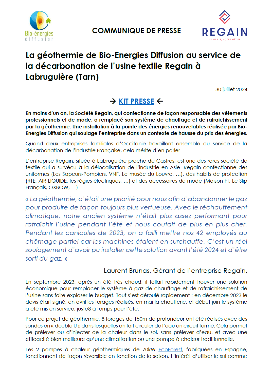 2024 - Communiqué de presse : La géothermie de Bio-Energies Diffusion au service de la décarbonation de l'usine textile Regain à Labruguière